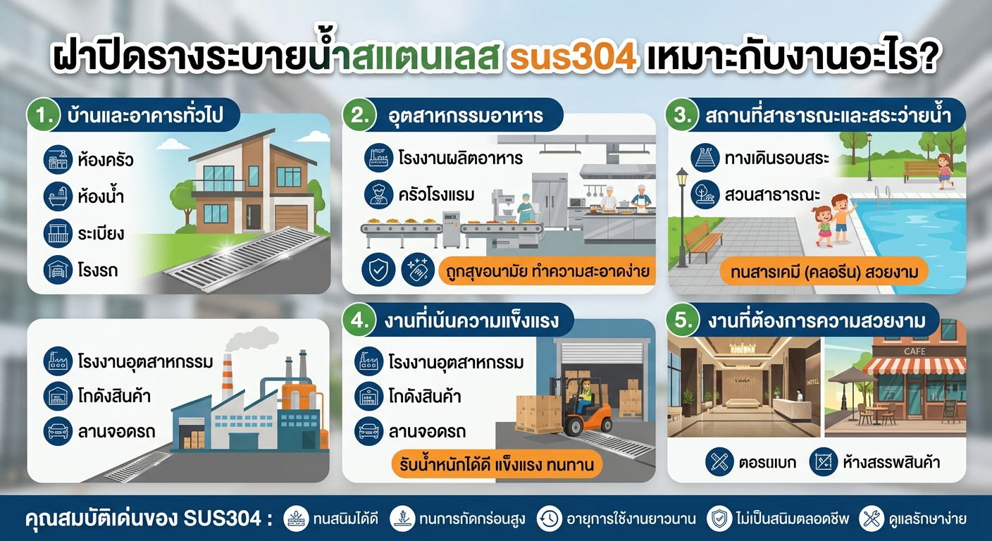 ฝาปิดรางระบายน้ำสแตนเลส SUS304 เหมาะกับงานอะไร?